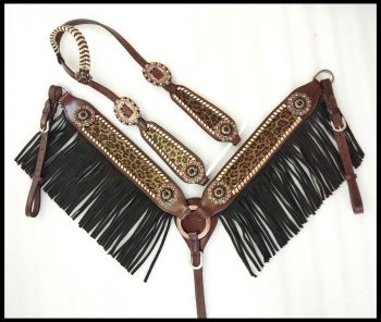 Showman Cheetah print one ear headstall and breast collar black fringe set #2